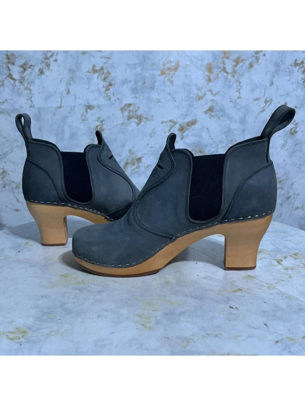 Swedish Hasbeens 40 Womens Size 10 Shoes Blue Leather Wooden Chelsea Ankle Boots